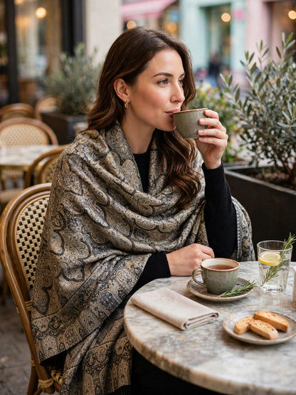 Luxury Black Gold Kani Silk Pashmina Shawl with Zari | Handmade Kashmiri Jama Shawl