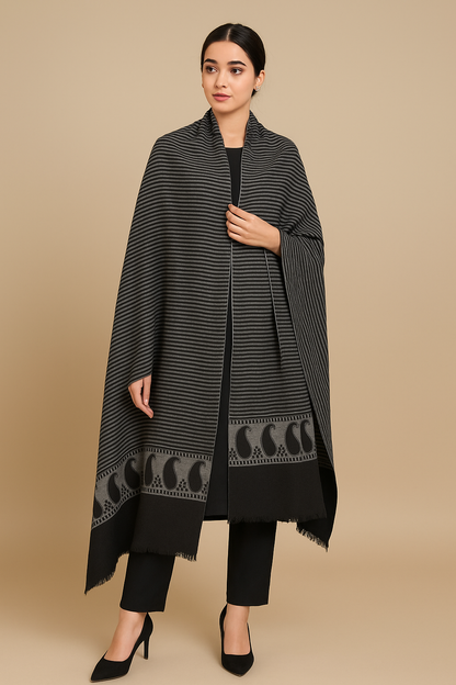Black & Grey Striped Pashmina Shawl with Paisley Border
