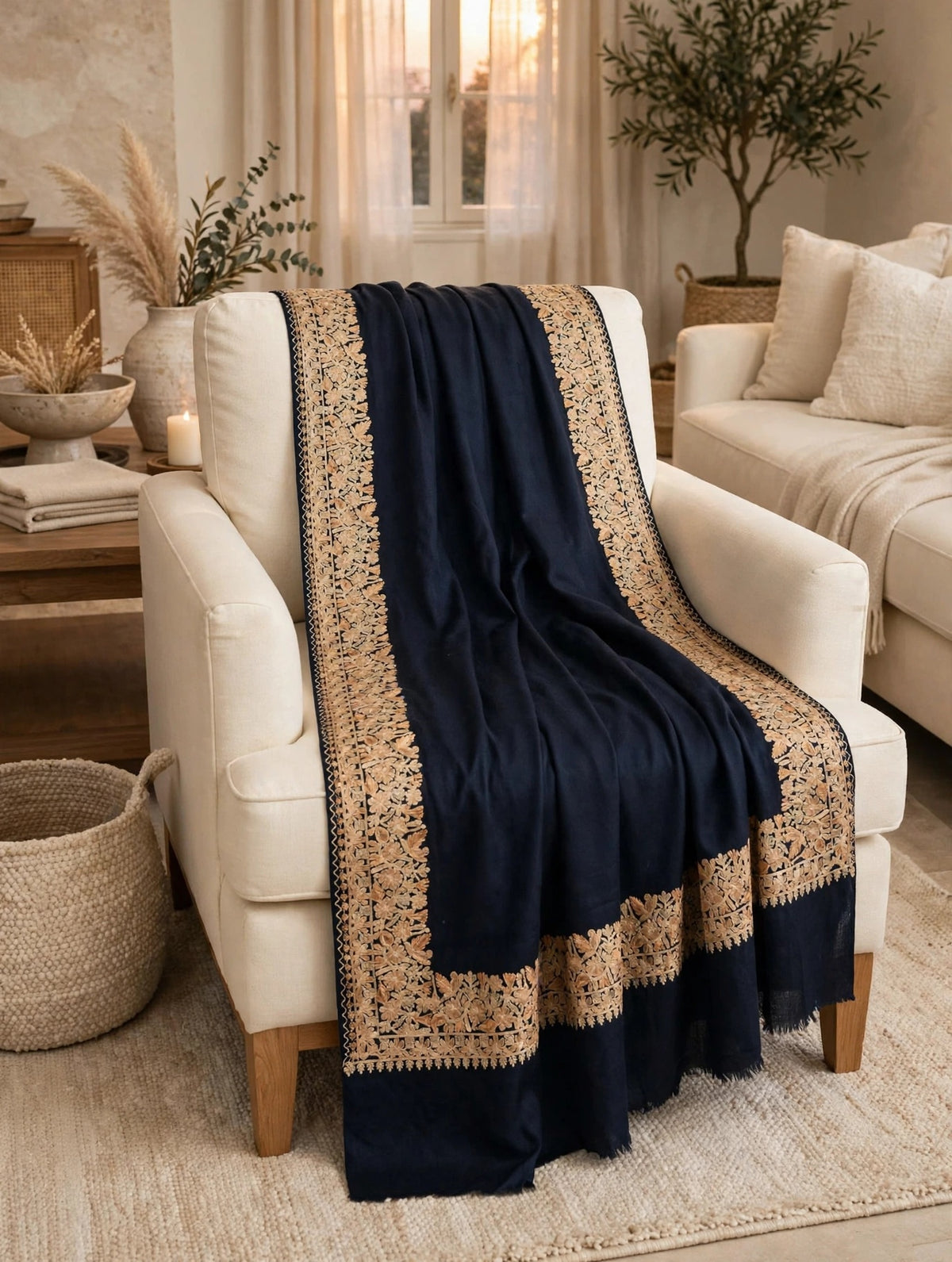 Midnight Navy Pure Pashmina Shawl with 4-Side Heavy Aari Embroidery Border - Beige Floral
