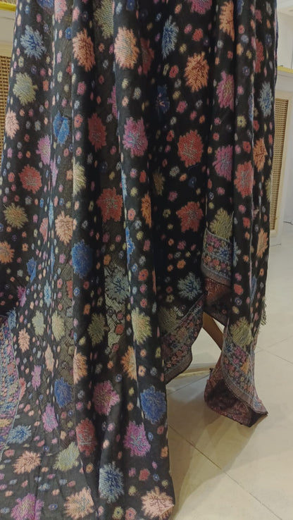 Elegant Black Pashmina Kani Shawl – Floral Weave
