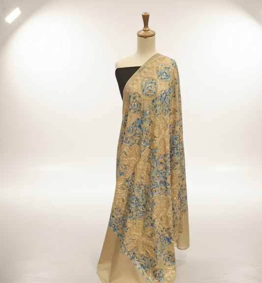 Embroidered Blue Floral Pashmina Shawl Lightweight Luxury Wool Wrap