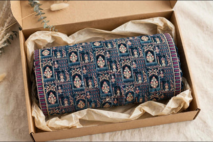 Noor-e-Jahan Teal Blue Fully Embroidered Velvet Shawl  Mughal Arch Design