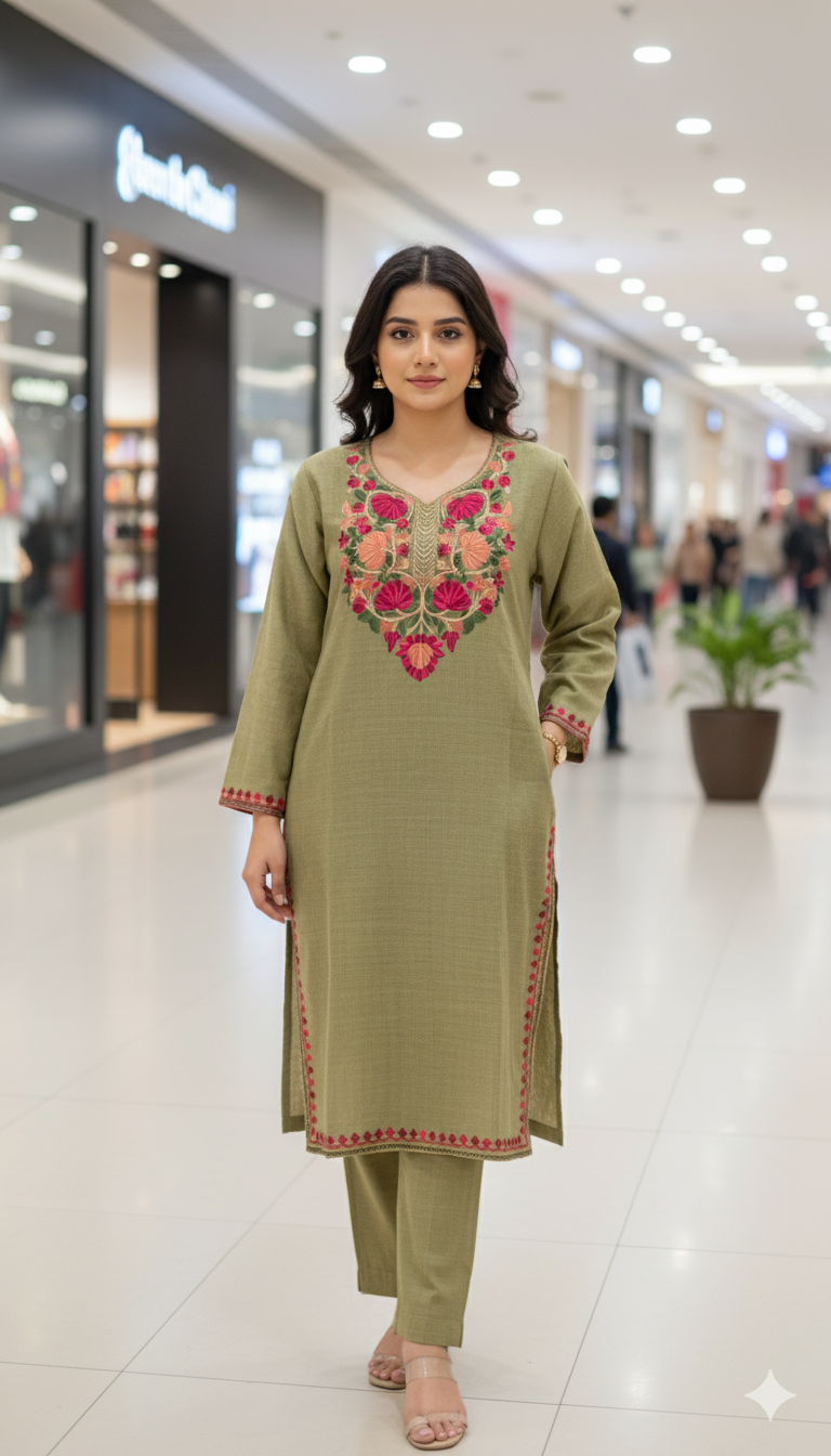 Luxury Olive Green Pheran Kurta & Pant Set