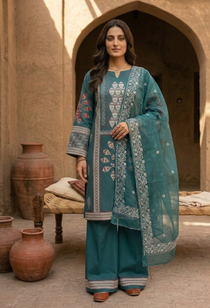 Pure Lawn Hand-Block Printed Ensemble with Embroidered Organza Dupatta