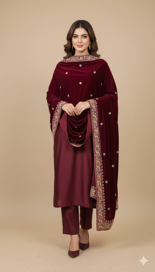 Luxury Maroon Velvet Embroidered Shawl