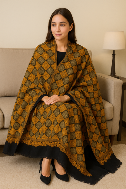 Luxury Aari Embroidery Pashmina Shawl Golden Black Elegance