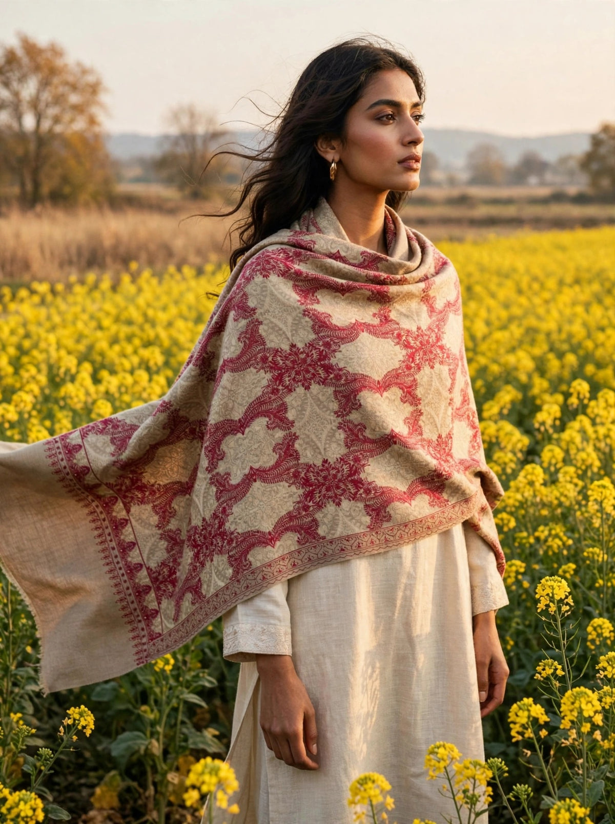 Beige Kashmiri Pashmina Shawl with Raspberry Pink Aari Embroidery