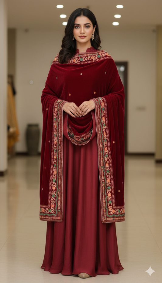 Luxury Maroon Velvet Hand-Embroidered Shawl