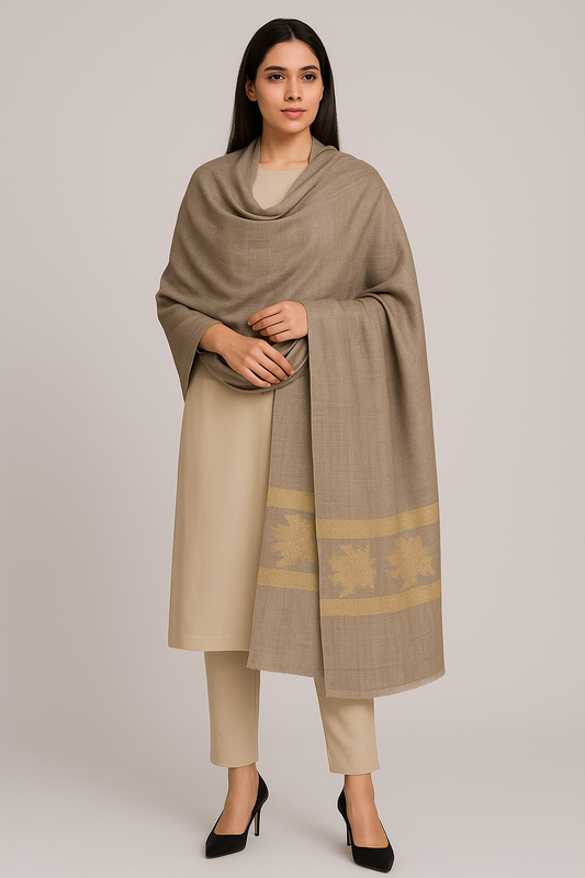 Elegant Beige Pashmina Shawl with Golden Zari Border