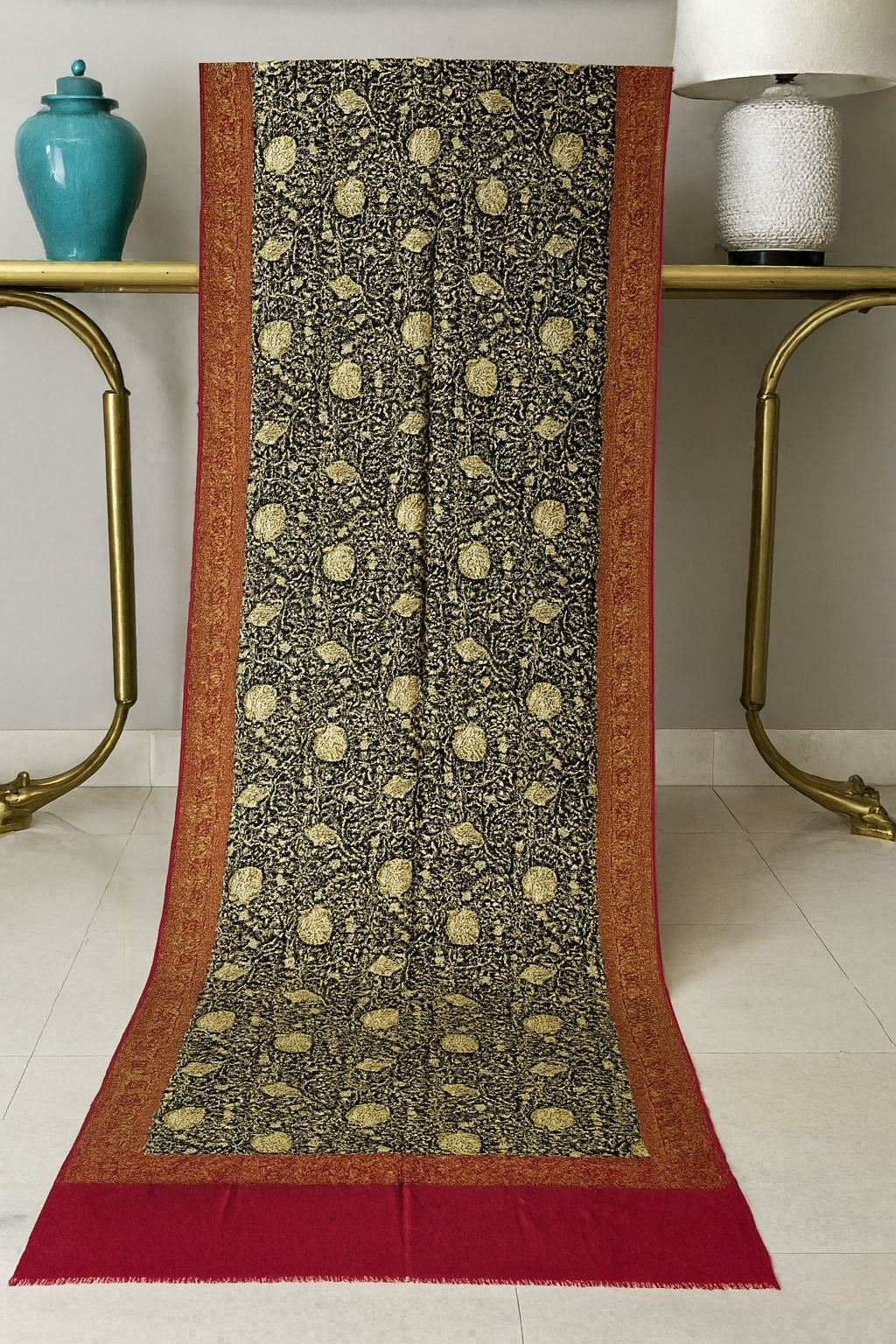 Luxury Kashmiri Pashmina Shawl – Black with Golden Embroidery & Maroon Border