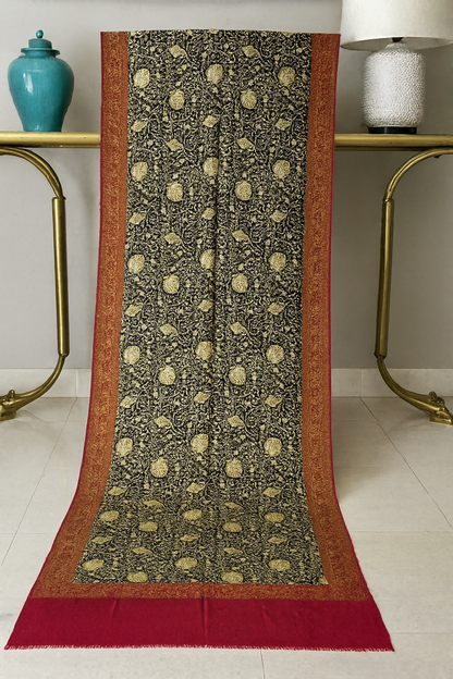 Luxury Kashmiri Pashmina Shawl – Black with Golden Embroidery & Maroon Border