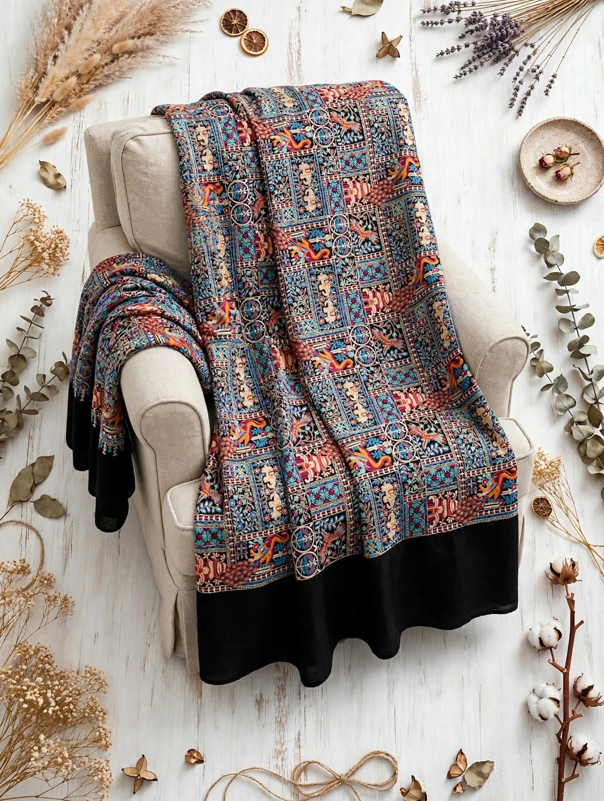 Noir Heritage - Handmade Kani Pashmina Shawl | Black Mughal