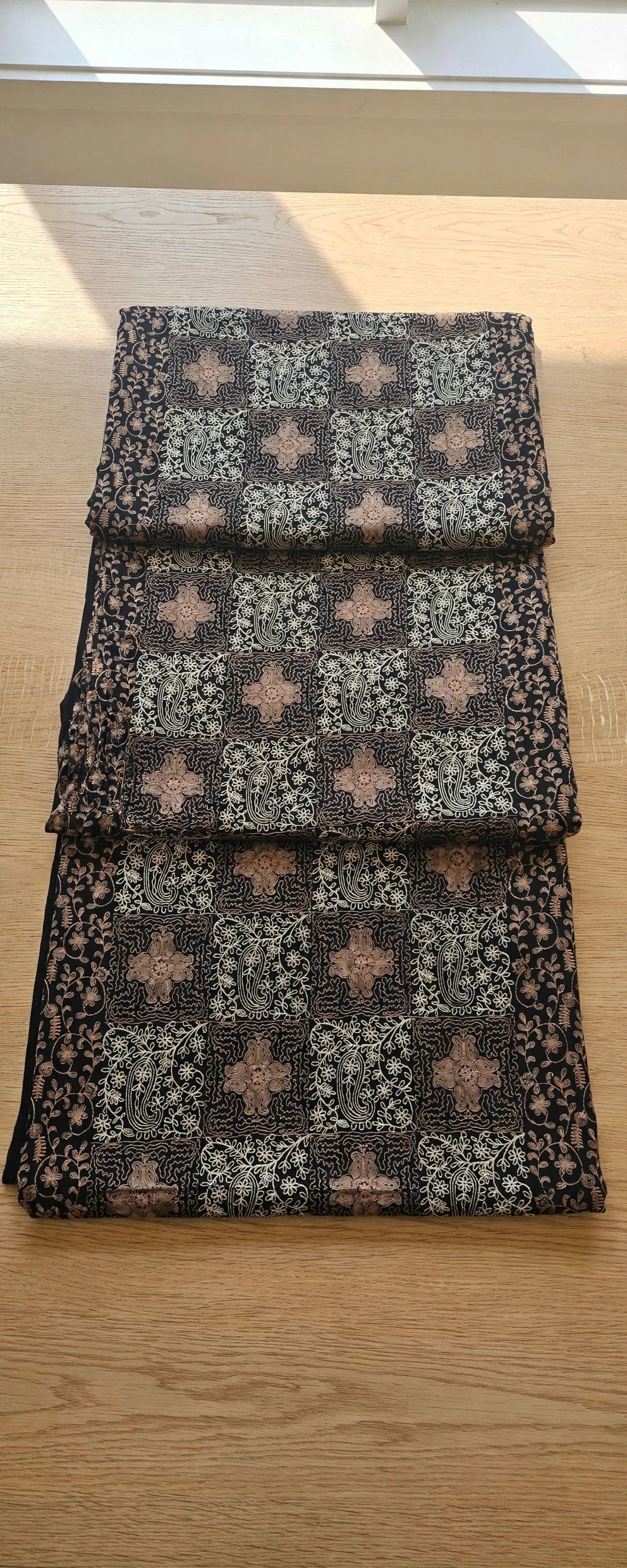 Noir Heritage Black Cashmere Pashmina Shawl with Cream & Beige Aari Work