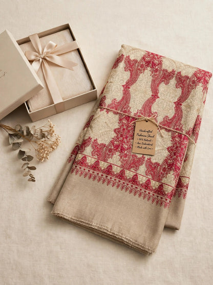 Beige Kashmiri Pashmina Shawl with Raspberry Pink Aari Embroidery
