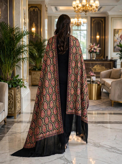 Black Pashmina Shawl with Multicolor Aari Embroidery