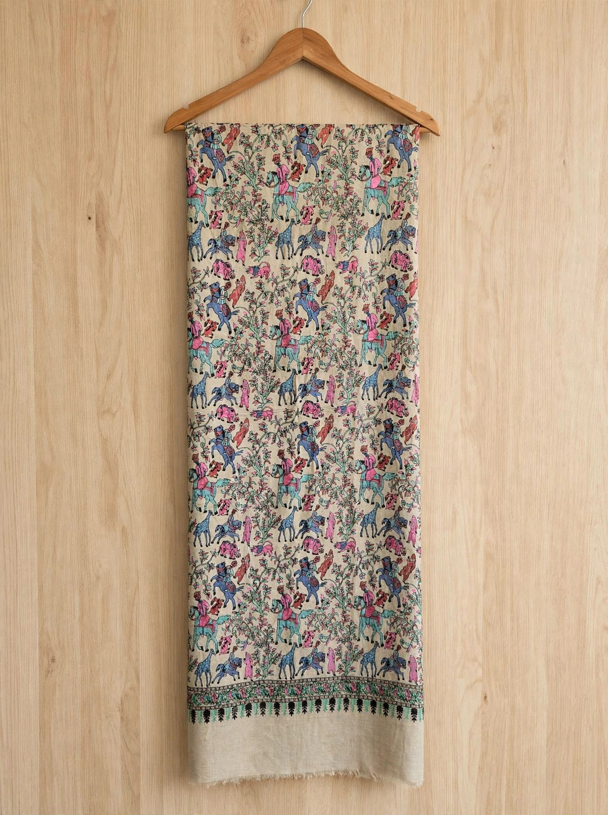 Noor - Beige Shikargah Kalamkari Pashmina Shawl