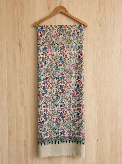 Noor - Beige Shikargah Kalamkari Pashmina Shawl