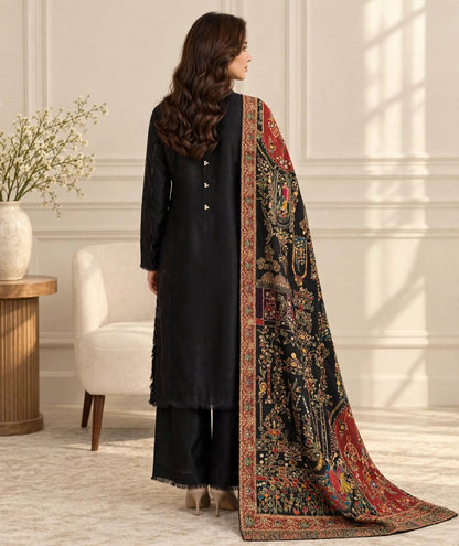 Noir Raqs - Premium Black Meenakari Shawl with Mughal Storytelling Art
