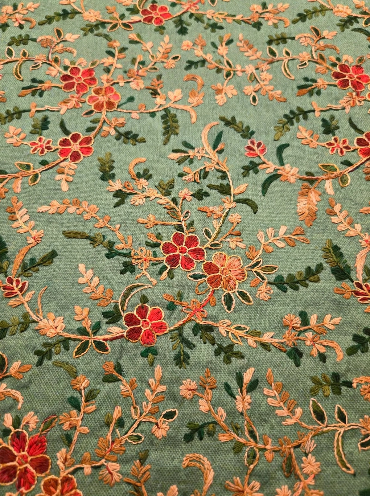 Sage Green All-Over Embroidered Pashmina Shawl - Kashmiri Aari Jaal Work