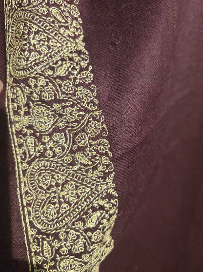 Plum Embroidered Pashmina Shawl - Gold Zari Paisley Border - Soft Wool Winter Shawl