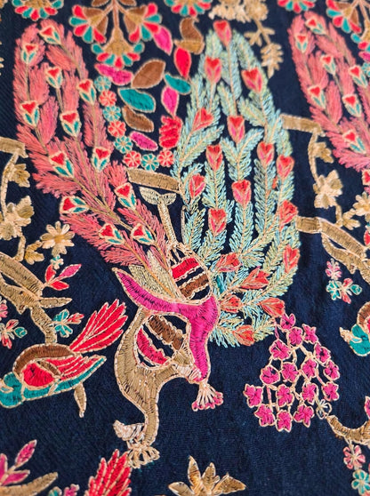 Midnight Peacock Navy Blue Fully Embroidered Pashmina Shawl