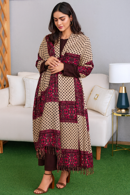 Beige Polka Dot & Maroon Floral Pashmina Shawl