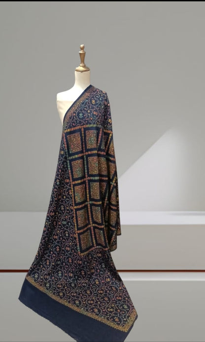 Handmade Navy Blue Sozni Embroidered Pashmina Shawl Traditional Artisanal Winter Wrap