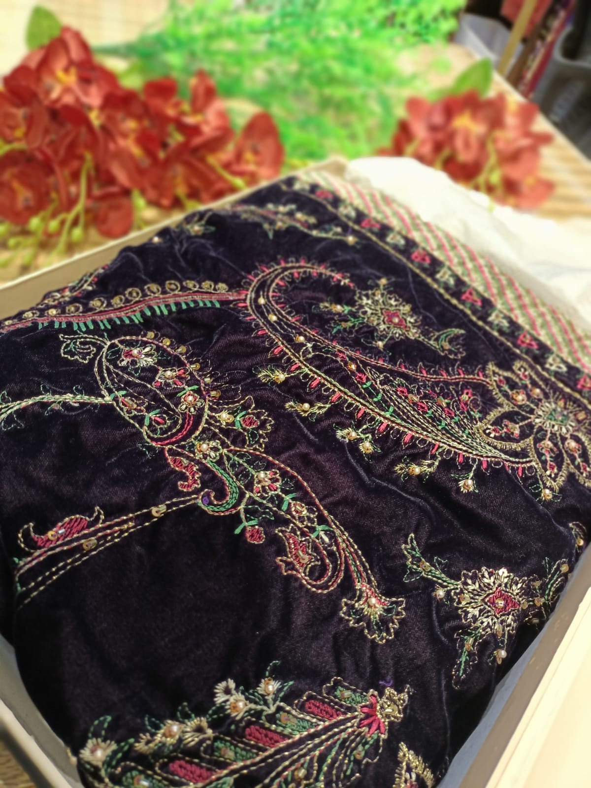 Velvet embroidered shawl