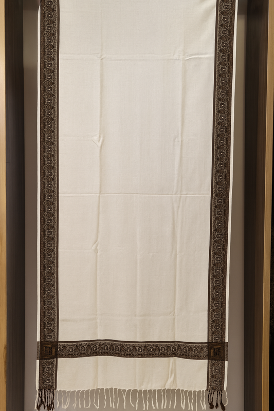 Elegant Off-White Pashmina Jacquard Shawl with Classic Brown Border