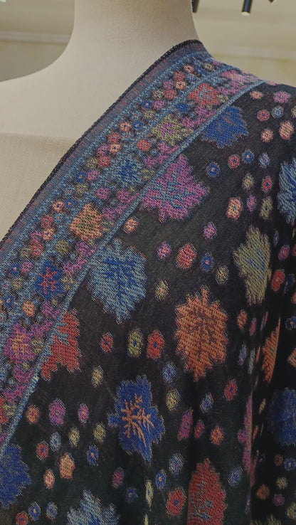 Elegant Black Pashmina Kani Shawl – Floral Weave