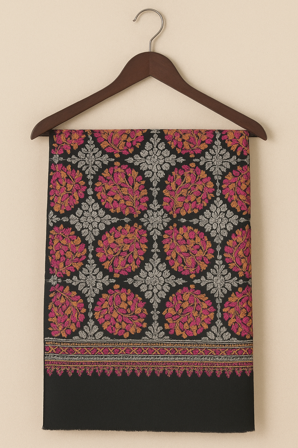 Luxury Embroidered Pashmina Shawl – Black with Multicolor Floral Motifs
