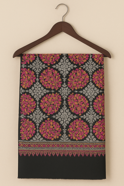 Luxury Embroidered Pashmina Shawl – Black with Multicolor Floral Motifs
