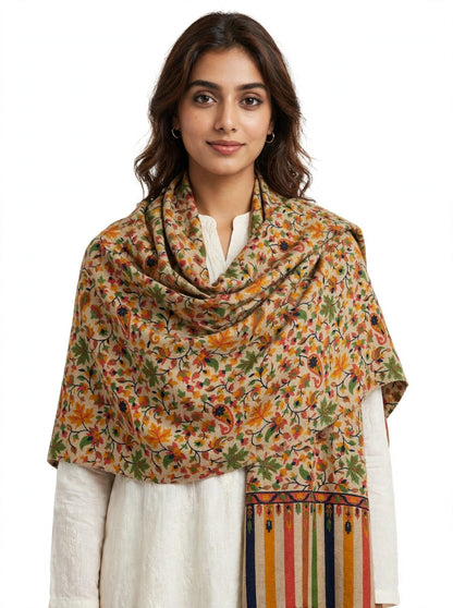 Floral Printed Pashmina Shawl with Striped Border | Soft Autumn Leaf Wrap