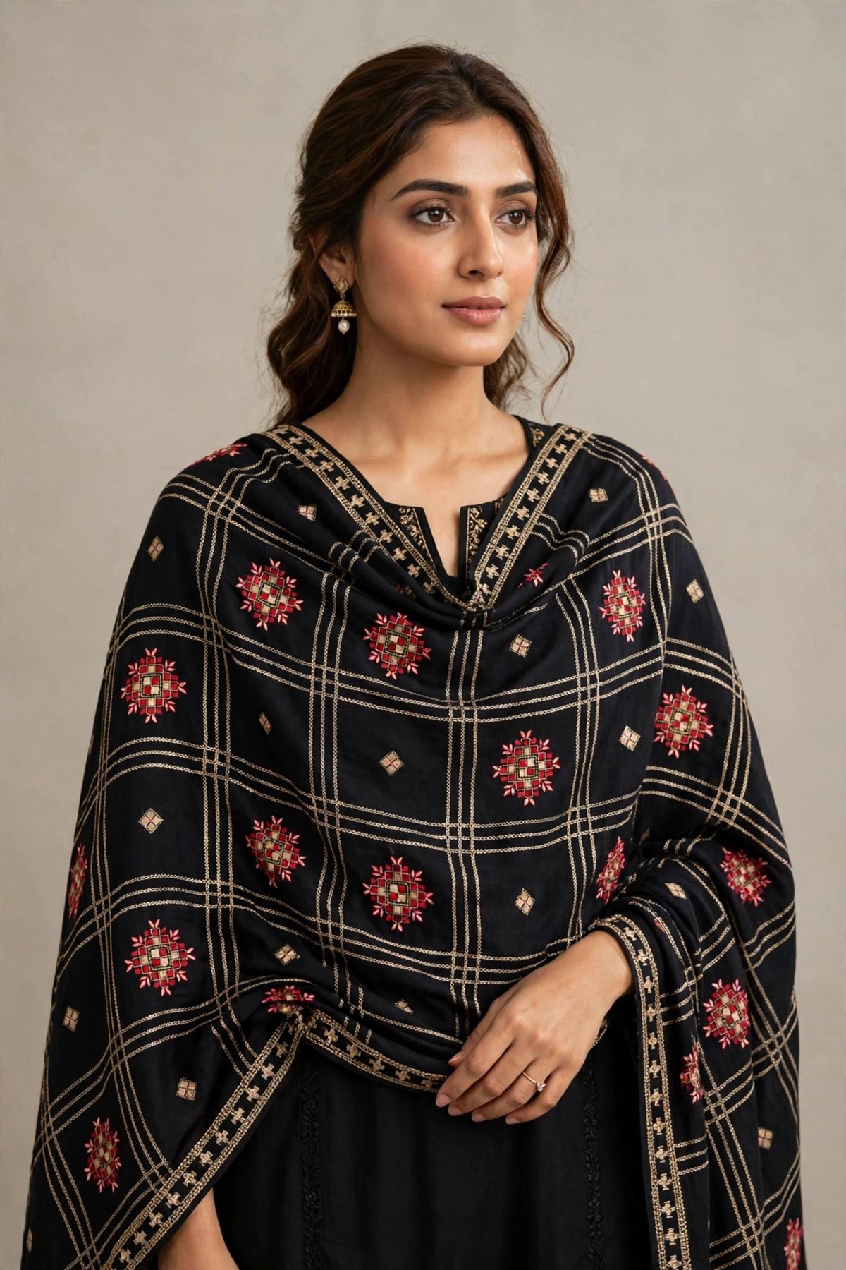 Noir Heritage - Black Embroidered Check Shawl with Red Motif