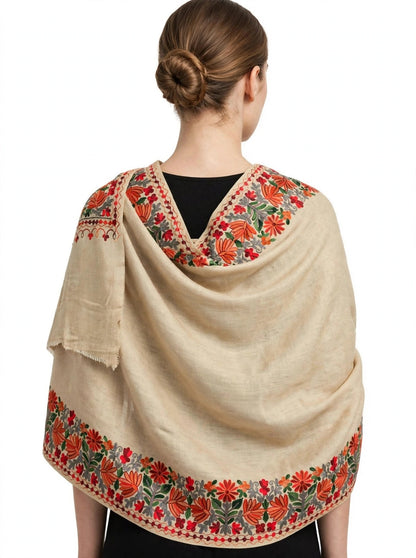 Beige Bloom - Pure Pashmina Aari Embroidered Shawl | Handmade Kashmiri Floral Border