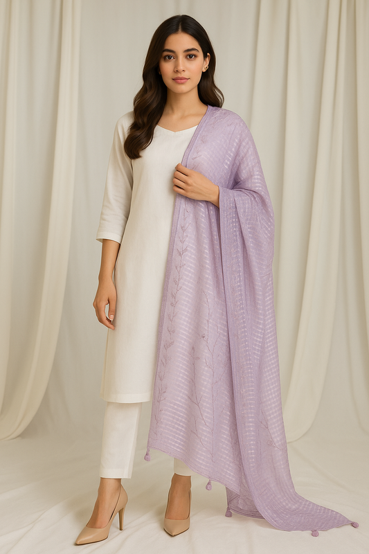 Lilac Striped Embroidered Dupatta