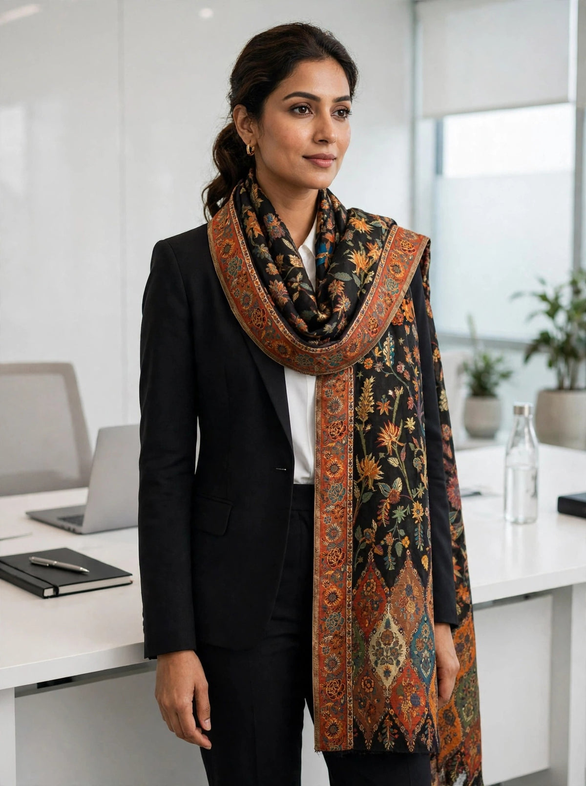 Heirloom Black Floral Kani Silk Dupatta - Pure Handwoven Kashmiri Luxury