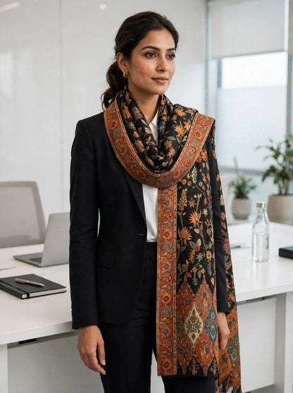 Heirloom Black Floral Kani Silk Dupatta - Pure Handwoven Kashmiri Luxury