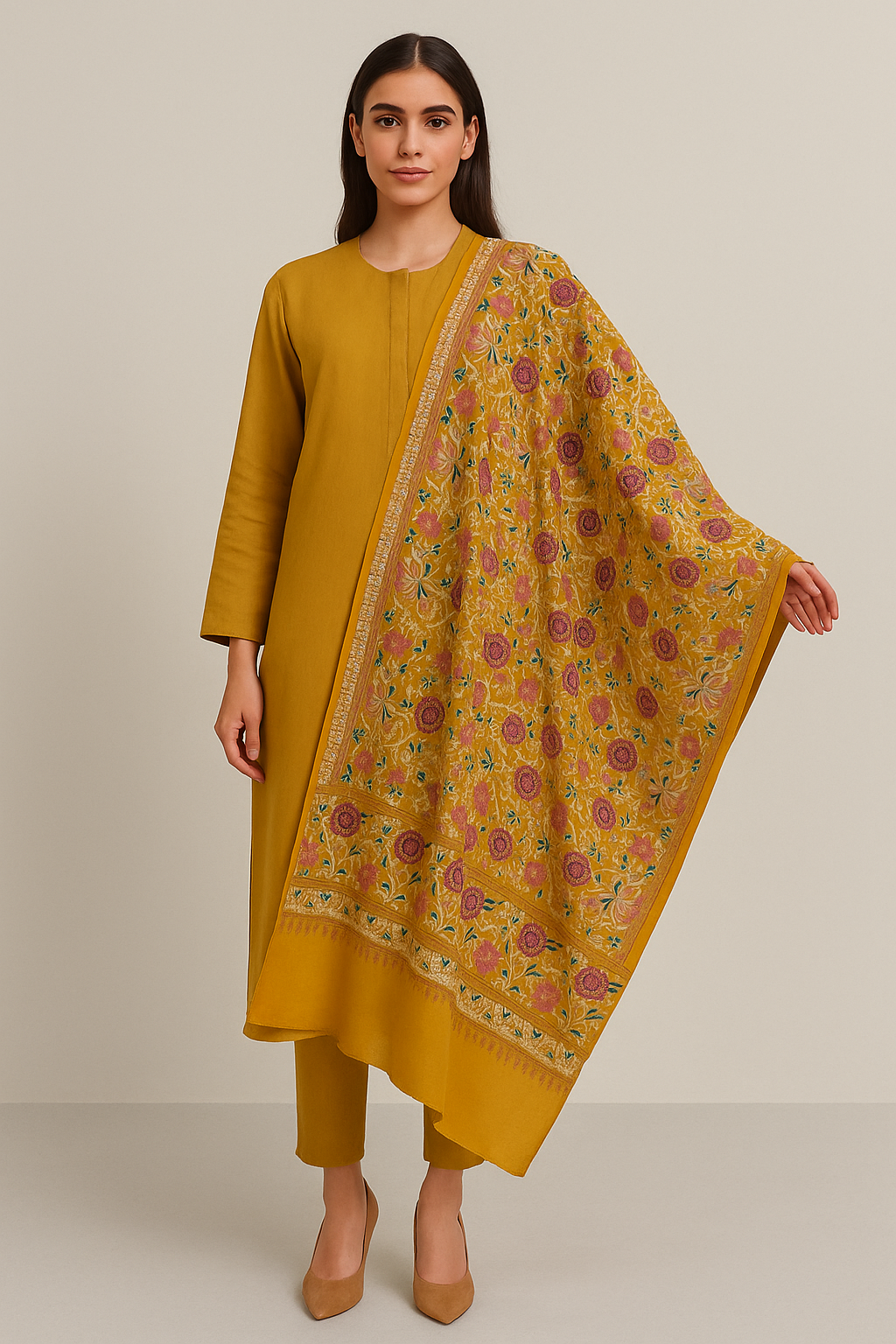 Mustard Yellow Embroidered Pashmina Shawl – Floral Elegance