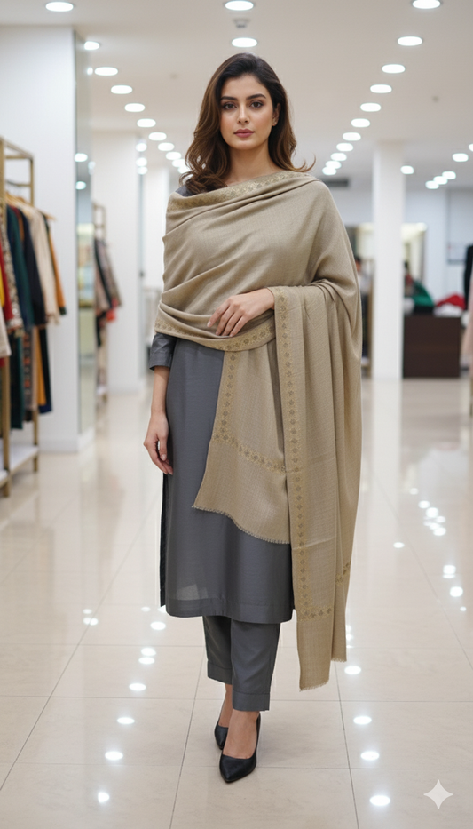 Classic Beige Handwoven Pashmina Shawl with Subtle Border