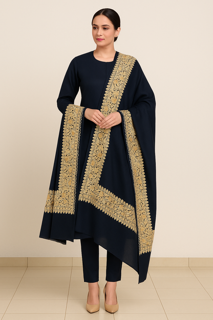 Luxury Hand-Embroidered Pashmina Shawl  Black with Golden Border