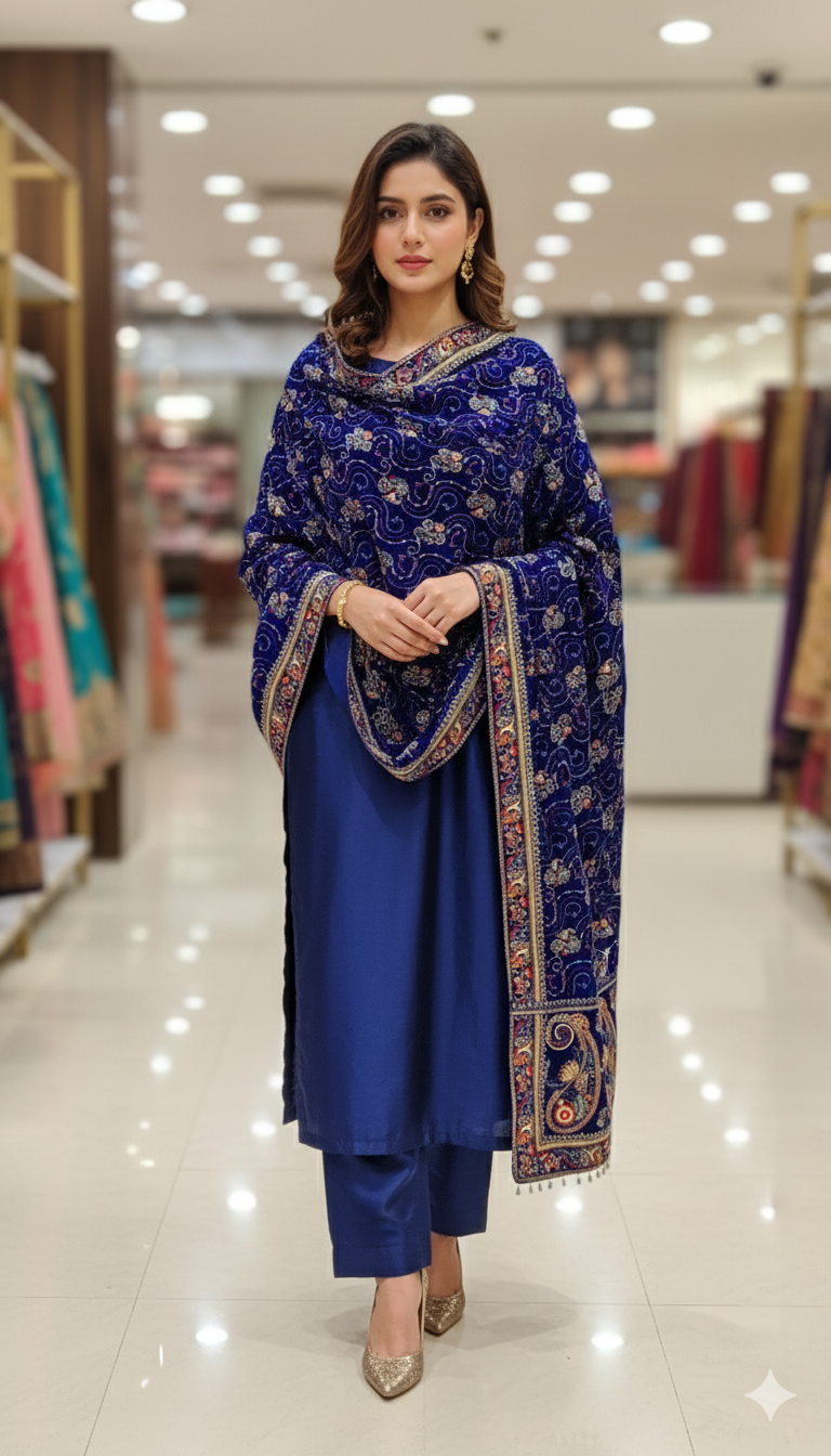 Luxury Velvet Embroidered Shawl – Royal Blue Elegance
