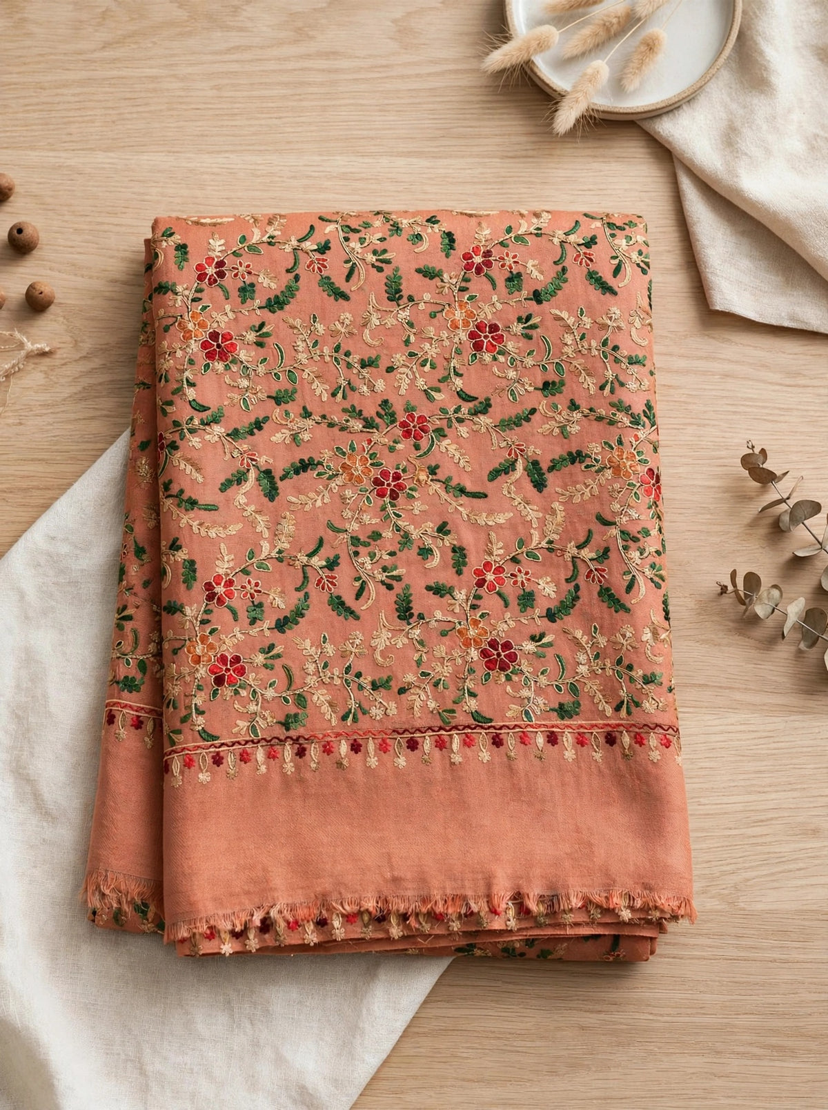 Peach Blossom - Kashmiri Aari Embroidered Pashmina Shawl