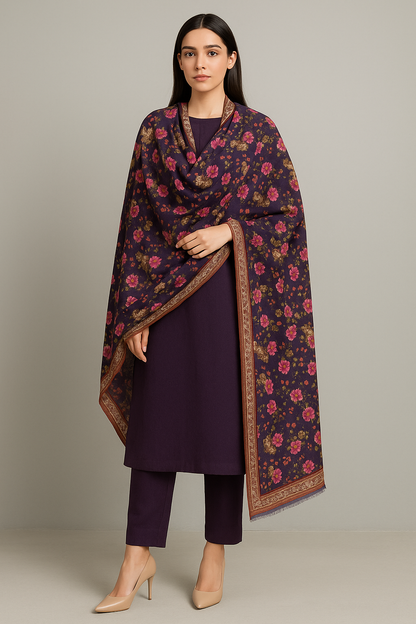 Elegant Floral Printed Pashmina Shawl  Deep Violet