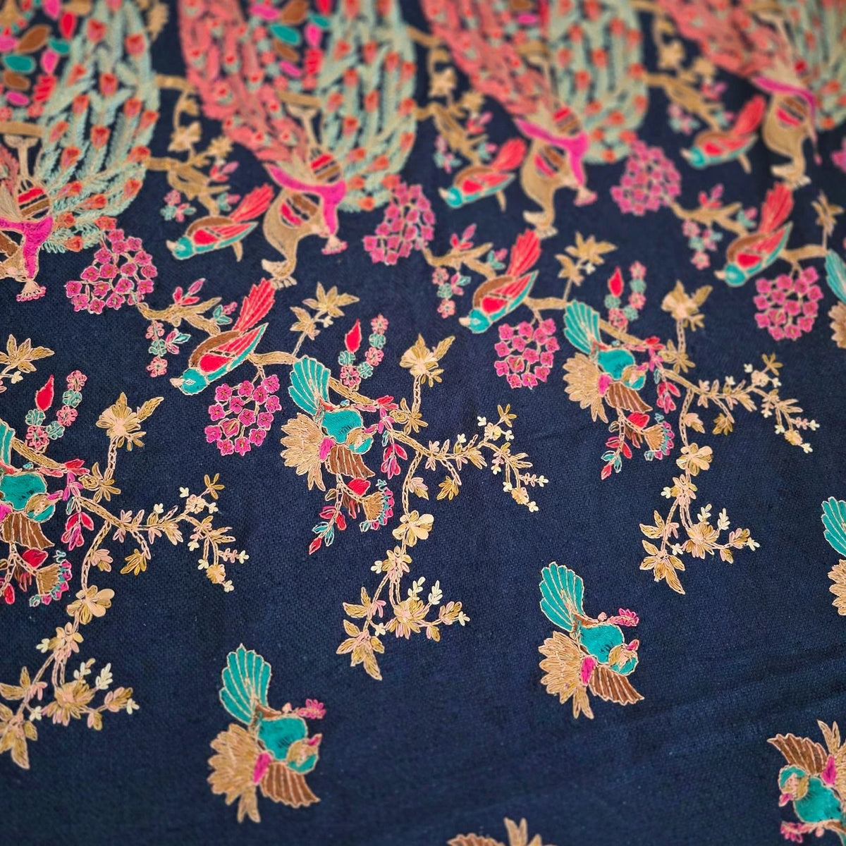 Midnight Peacock Navy Blue Fully Embroidered Pashmina Shawl