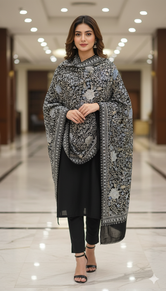 Luxury  Black Pashmina Shawl – Silver & Grey Floral Embroidery