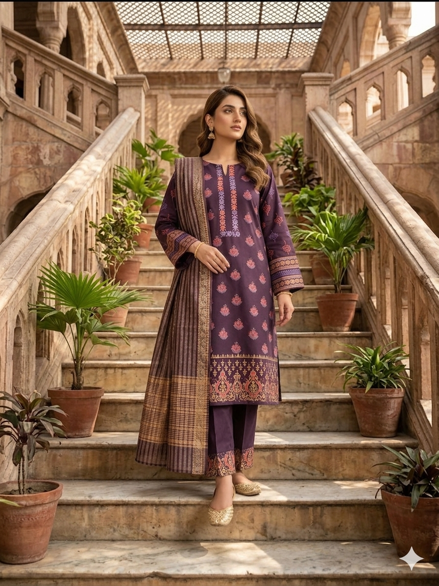 Royal Mauve Hand-Block Printed Lawn Ensemble