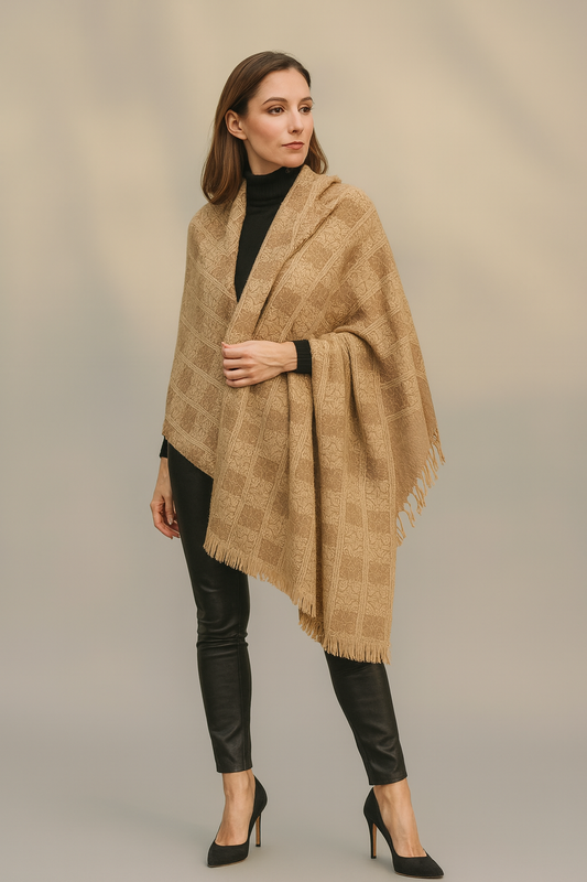 Elegant Beige Wool Stoler  Geometric Floral Pattern