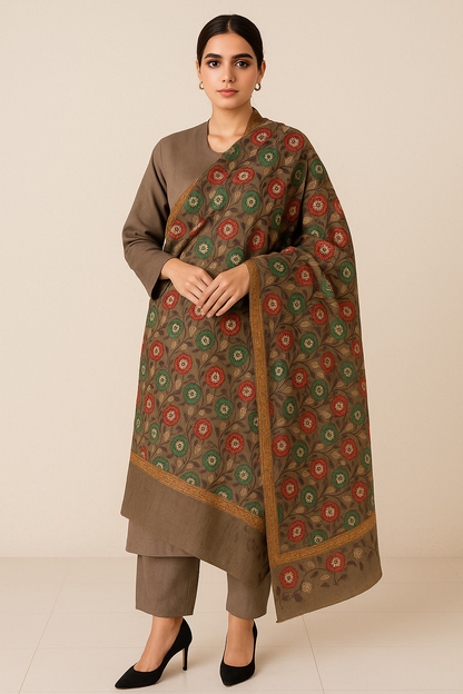 Luxury Floral Pashmina Shawl – Red & Green Embroidery on Taupe Base
