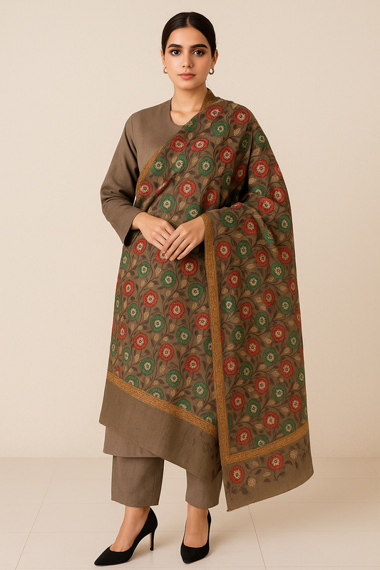 Luxury Floral Pashmina Shawl – Red & Green Embroidery on Taupe Base